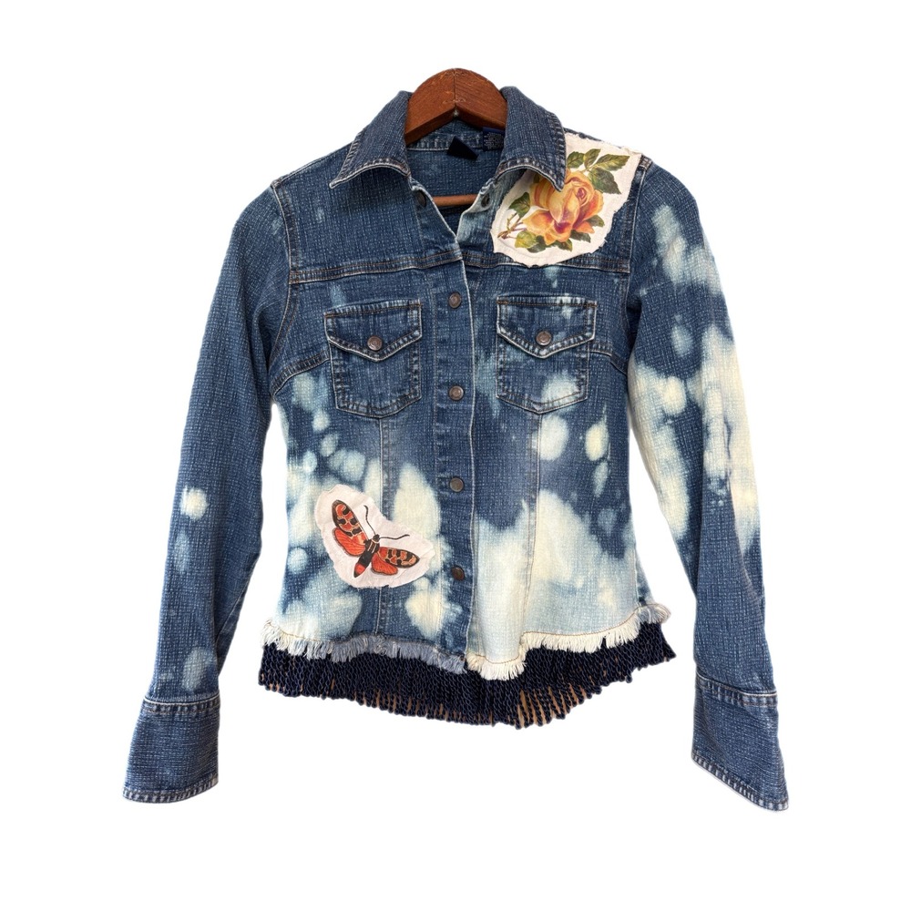 Upcycled Butterfly Jean Jacket | Bleached Fringe Denim | Size S - Picture 5 of 11